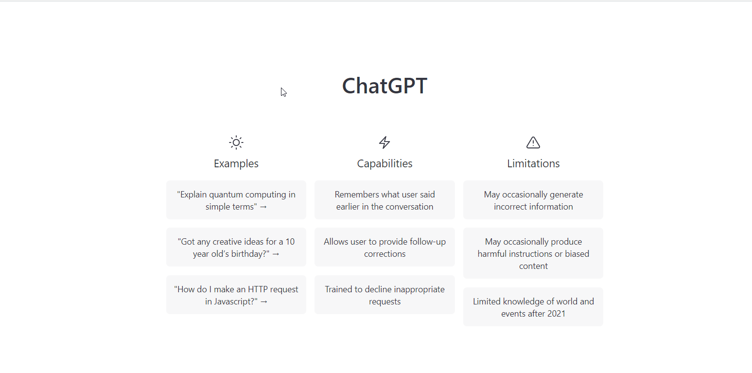 Startbildschirm von ChatGPT mit Beispielen, Fähigkeiten und Grenzen des Systems.